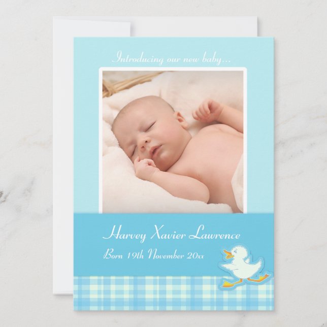 Newborn photo announcement card - blue check (Front)