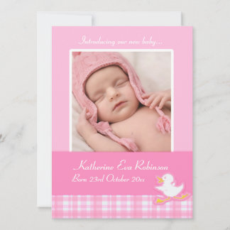 Newborn photo announcement card - pink check