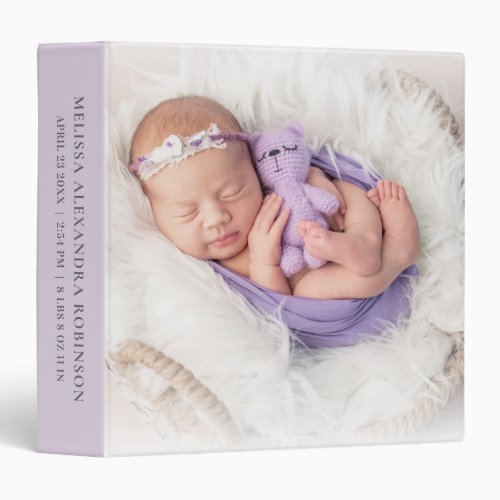 Newborn Photo Baby Girl Stats Lavender Lilac Album 3 Ring Binder