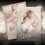 Newborn Photo Collage Christmas Birth Announcement<br><div class="desc">Sweet holiday theme birth announcements feature your favorite newborn photo on the front with the greeting Merry Christmas and your names. Your baby's birth stats and 3 photos on the back. CHANGE the background color on the back with our Edit tools.</div>