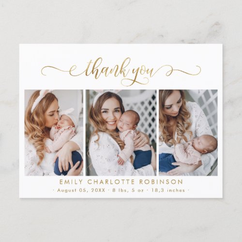 Newborn Photo Collage Modern Gold Script Thank You Postcard