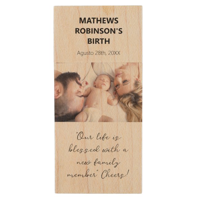 Newborn Photo Family Name Wood Flash Drive (Front Vertical)
