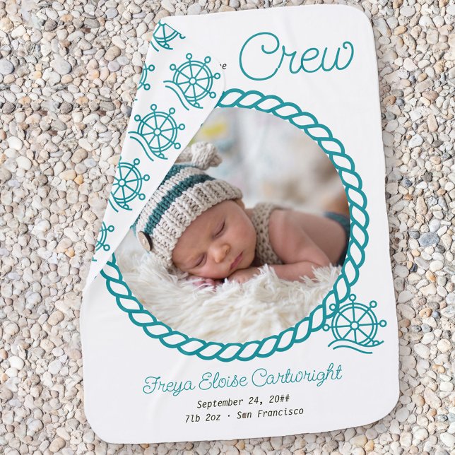 Newborn Photo New to the Crew Nautical Wheel Baby Blanket (New to the Crew nautical baby blanket in teal & white with captain's wheel and rope decoration)