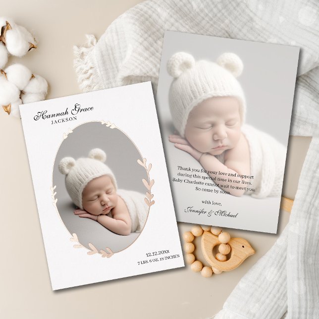 Newborn Photo Scripty Oval Foil Birth Announcement (Creator Uploaded)