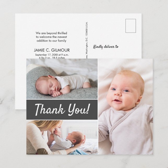 Newborn Photography Modern Grey Custom Thank you Postcard (Front/Back)