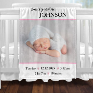Newborn Pink Baby Girl Photo with Stats  Baby Blanket