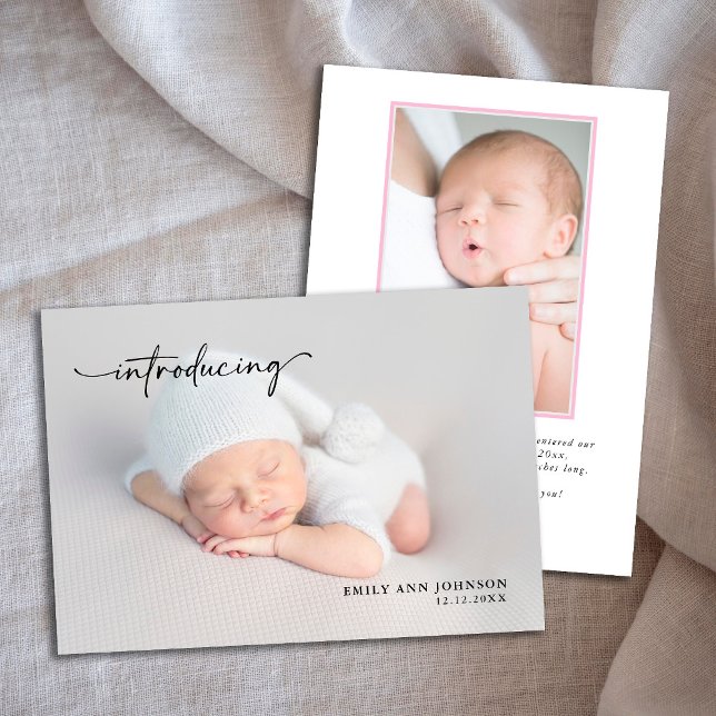 Newborn Pink Baby Girl Photo with Stats  Note Card (Creator Uploaded)