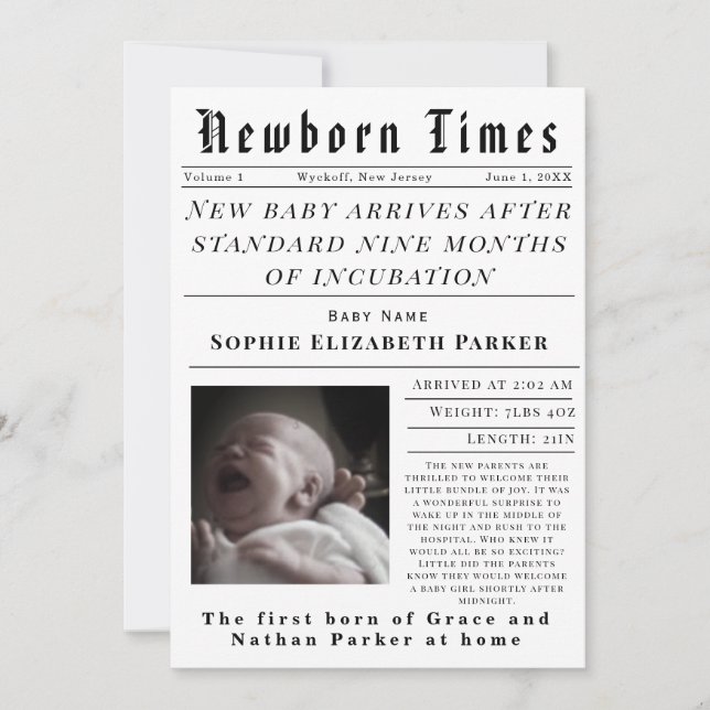 Newborn Times Birth Announcement (Front)