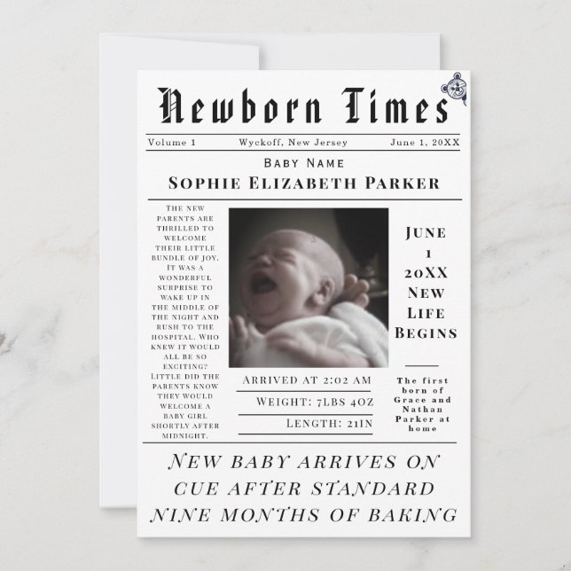 Newborn Times Birth Announcement (Front)