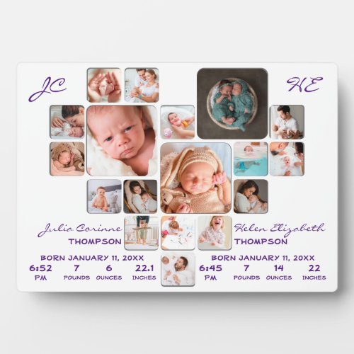 Newborn Twin Babies BiStats Photo Collage Monogram Plaque