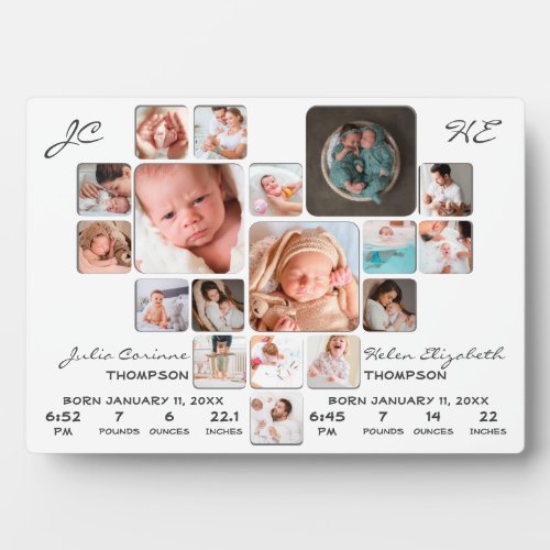 Newborn Twin Babies Stats Photo Collage Monogram Plaque