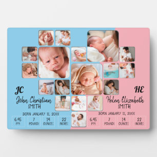 Newborn Twin Baby Stats Photo Collage Monogram Plaque