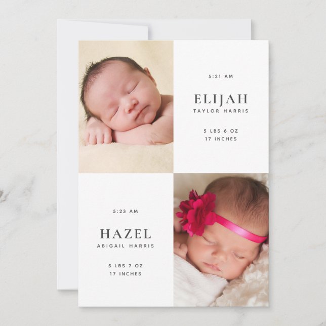 Newborn Twins 2-Sided Photo Birth Announcement (Front)