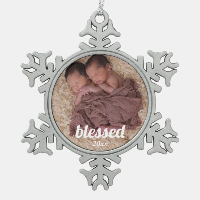 Newborn Twins Baby First Christmas | Blessed Snowflake Pewter Christmas Ornament (Front)