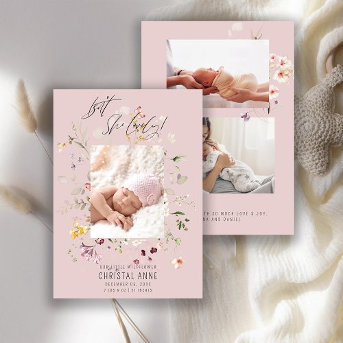 Newborn Wildflower Photo Collage Pink Girl Birth Announcement