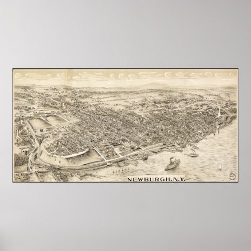 Newburgh New York 1900 Antique Panoramic Map Poster
