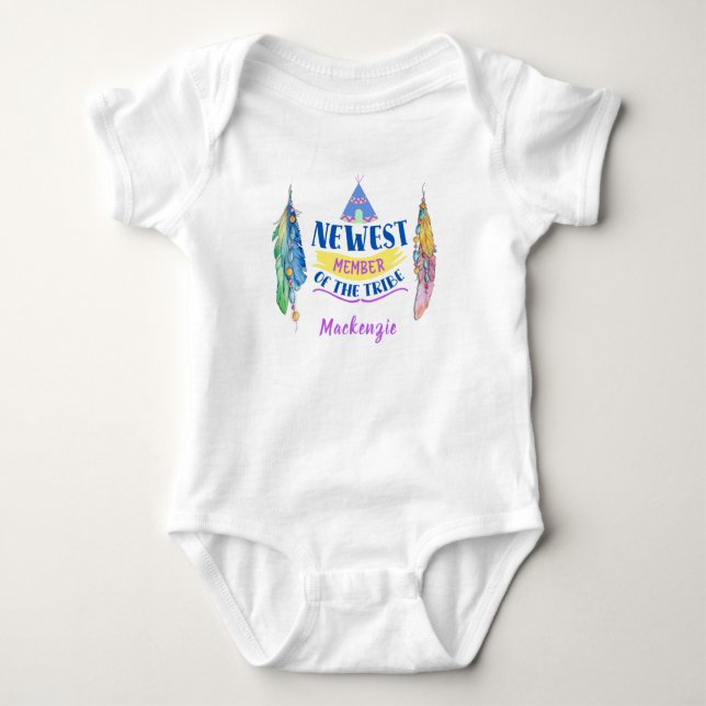 Newest Member of Tribe - Teepee, Feathers - Name Baby Bodysuit (Front)