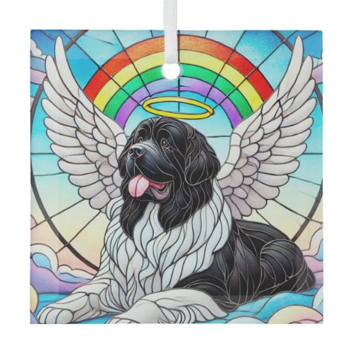 Newf Landseer Angel under Rainbow Glass Ornament