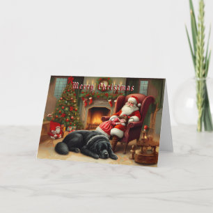Newf & Santa Sleeping by the Fireplace Card