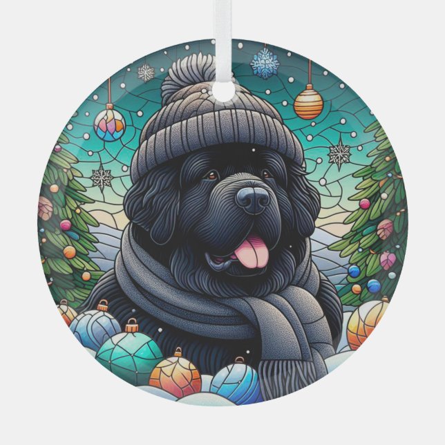 Newfie in Beanie Glass Round Ornament (Front)