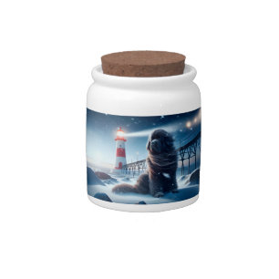 Newfie in Front of Lighthouse in Snow Treat Jar