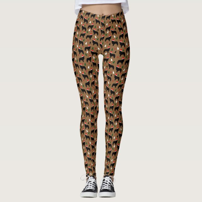 Newfie Newfoundland Dog Santa Hat Christmas Brown Leggings (Front)