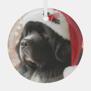 Newfie Pup Wearing a Santa Hat Glass Ornament