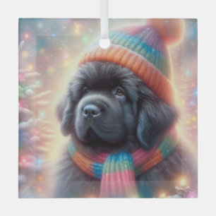 Newfie Pup Winter Square Glass Ornament
