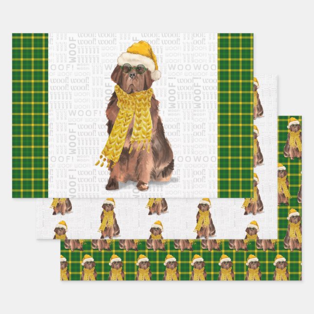 Newfoundland Christmas Dog Green Plaid Holiday Wrapping Paper Sheets (Set)