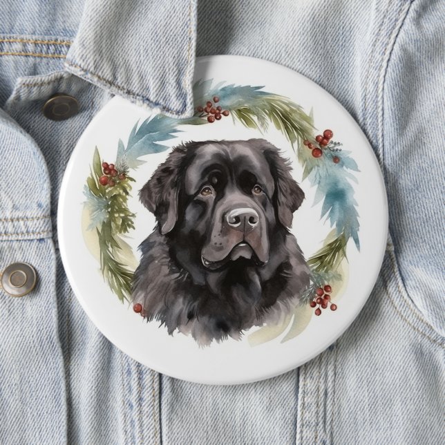 Newfoundland Christmas Wreath Festive Pup  Button (In Situ)