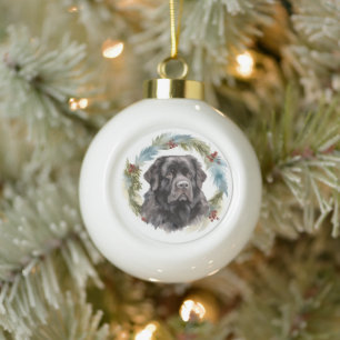 Newfoundland Christmas Wreath Festive Pup Ceramic Ball Christmas Ornament