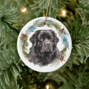Newfoundland Christmas Wreath Festive Pup Ceramic Ornament