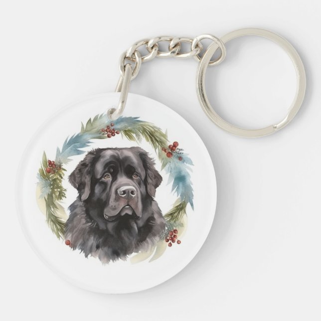 Newfoundland Christmas Wreath Festive Pup  Keychain (Back)