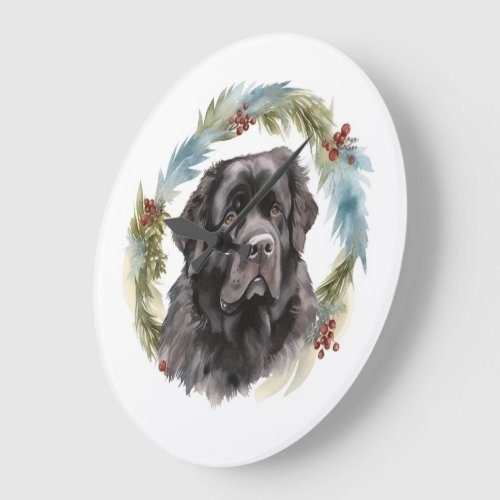 Newfoundland Christmas Wreath Festive Pup  Large Clock