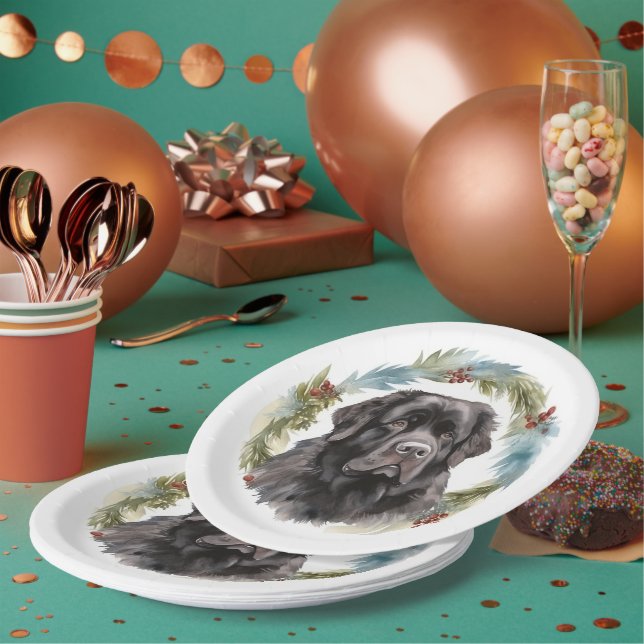 Newfoundland Christmas Wreath Festive Pup  Paper Plates (Multi)