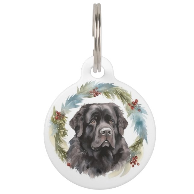 Newfoundland Christmas Wreath Festive Pup  Pet ID Tag (Front)