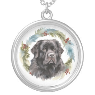 Newfoundland Christmas Wreath Festive Pup Silver Plated Necklace