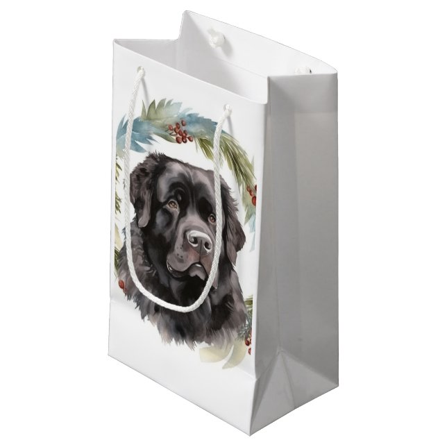 Newfoundland Christmas Wreath Festive Pup  Small Gift Bag (Front Angled)