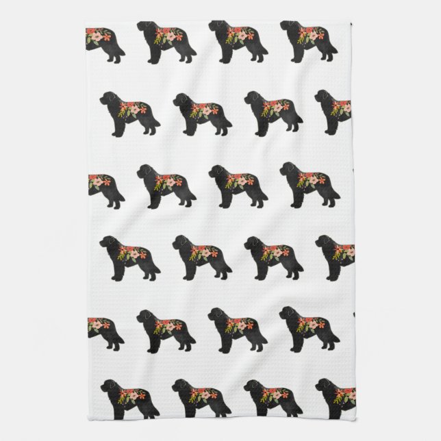 Newfoundland Dog Breed Boho Floral Silhouette Kitchen Towel (Vertical)