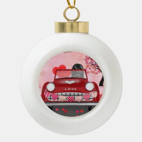 Newfoundland Dog Car with Hearts Valentines  Ceramic Ball Christmas Ornament