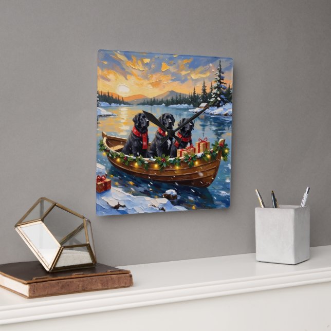 Newfoundland Dog Christmas Boat Holiday Square Wall Clock (Office)