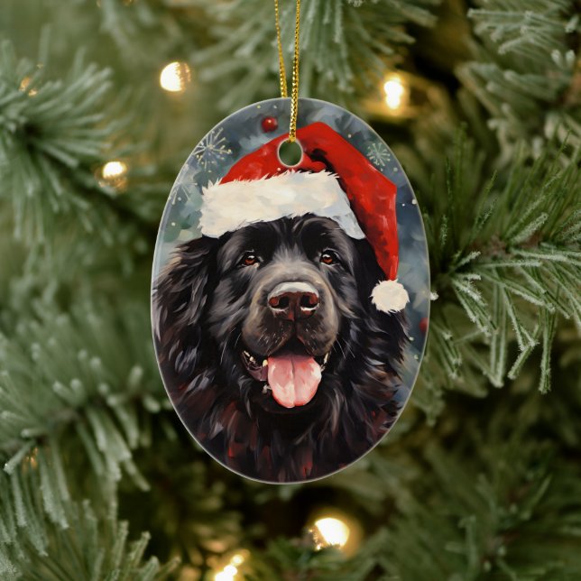 Newfoundland dog Christmas brush painting artwork Ceramic Ornament (Tree)