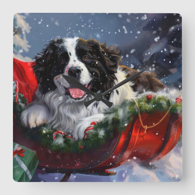 Newfoundland Dog Christmas Festive Square Wall Clock (Front)