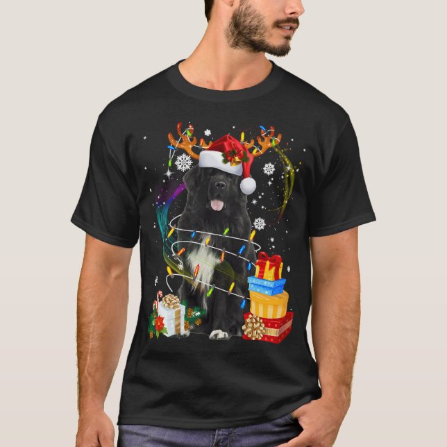 Newfoundland Dog Christmas Funny Dog Reindeer Sant T-Shirt (Front)