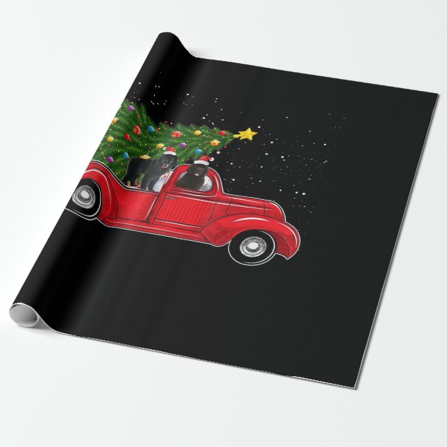 Newfoundland dog christmas on red car truck gift wrapping paper (Unrolled)
