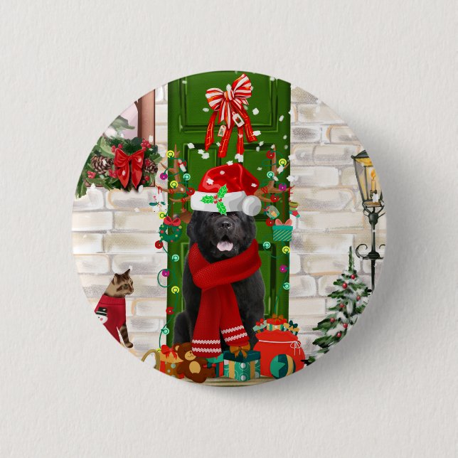 Newfoundland Dog Christmas Throw Pillow Button (Front)