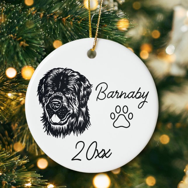 Newfoundland Dog Custom Name & Year Line Art Ceramic Ornament (NewFoundland Dog Custom Name and Year Ornament with Paw Print. Black and White Line Art Modern)