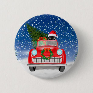 Newfoundland Dog Driving Car In Snow Christmas Button