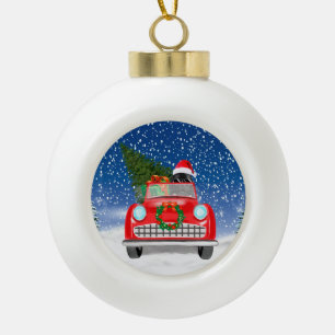 Newfoundland Dog Driving Car In Snow Christmas  Ceramic Ball Christmas Ornament