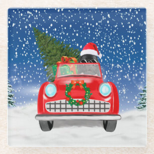 Newfoundland Dog Driving Car In Snow Christmas Glass Coaster